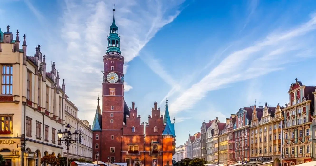 Colorful merchant houses and the Gothic Town Hall in Wrocław