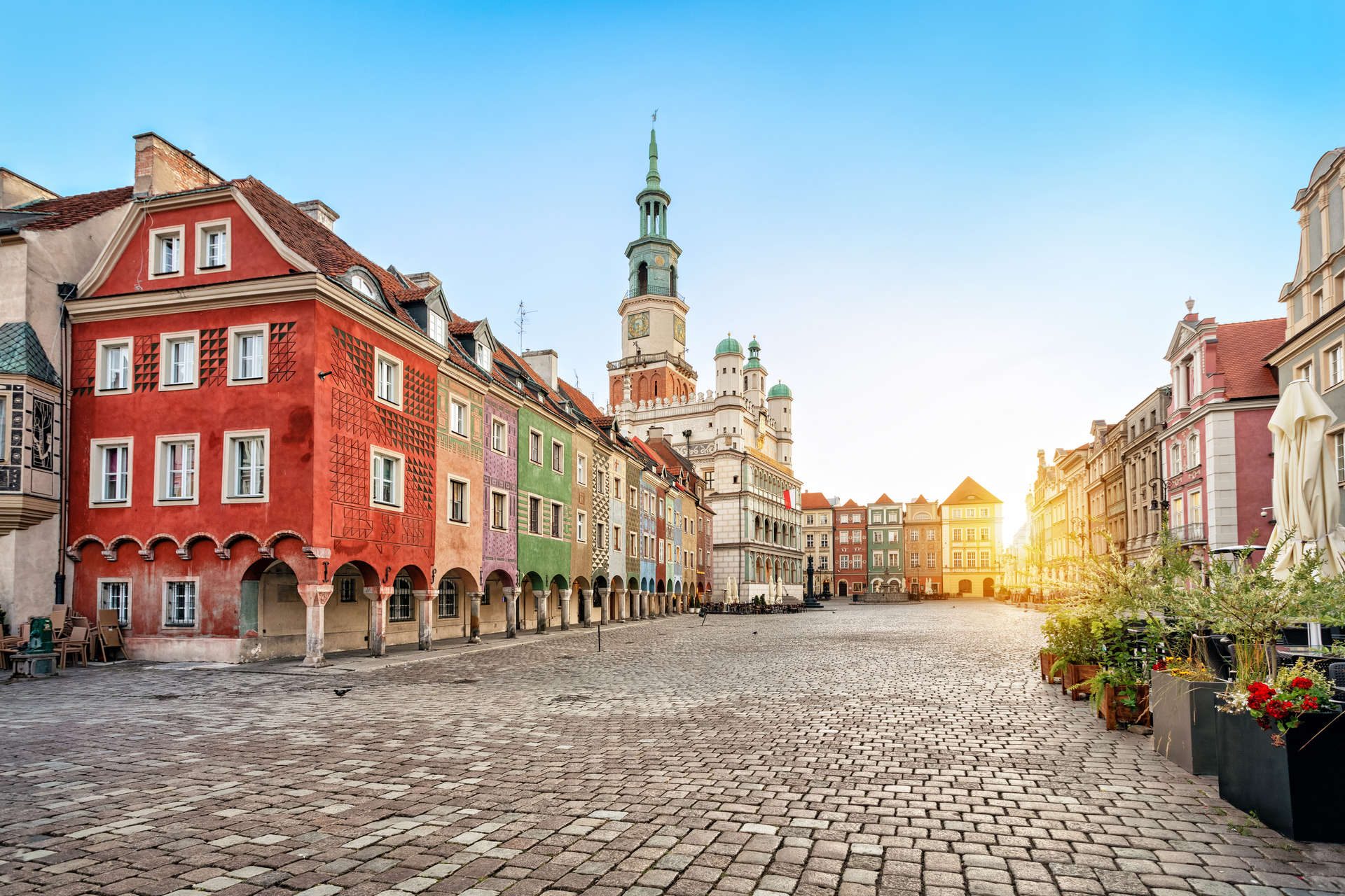 Colorful historic houses and town hall in Poznań
